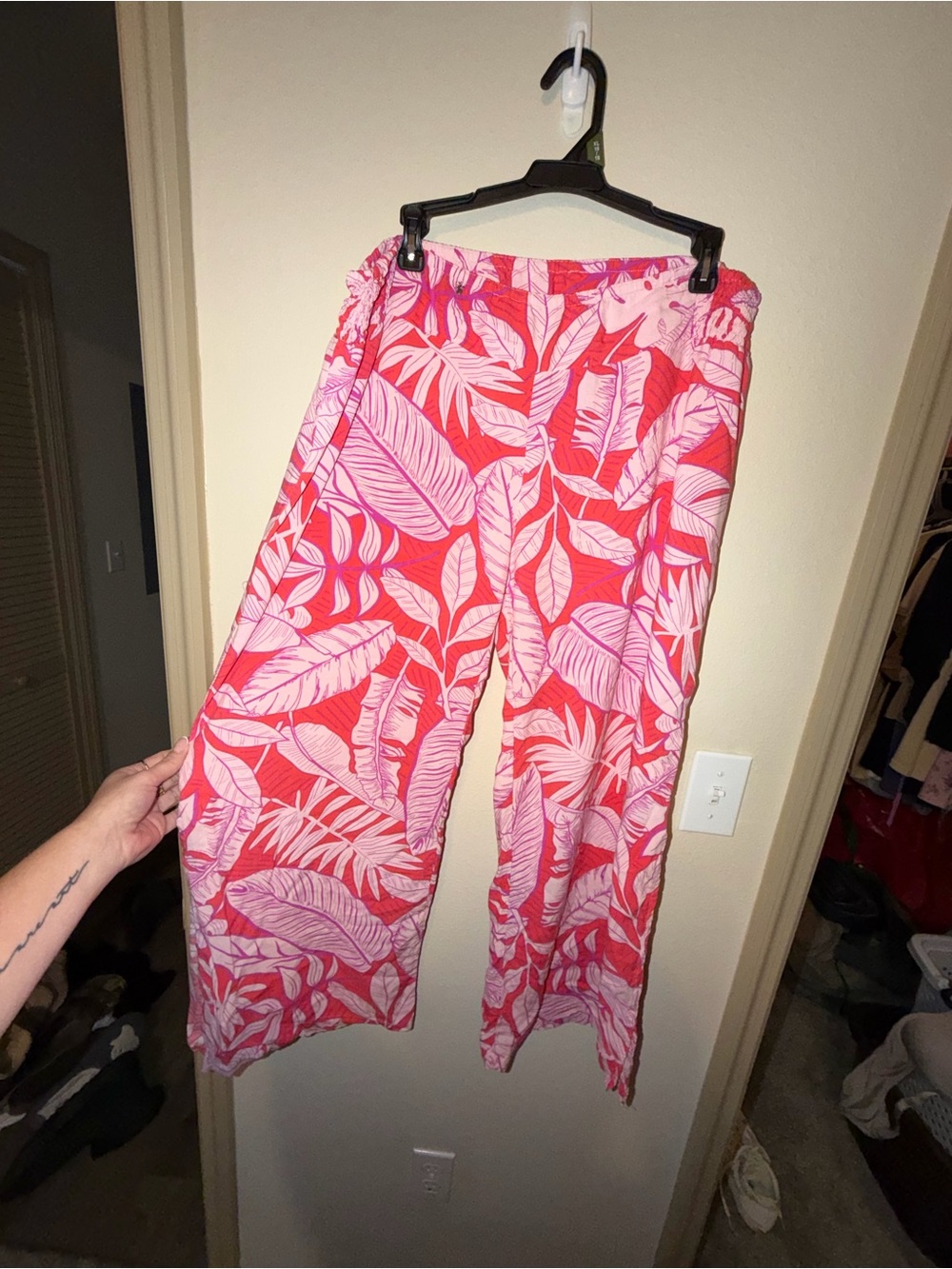 Wide Leg Tropical Print Pants - Pink/Red